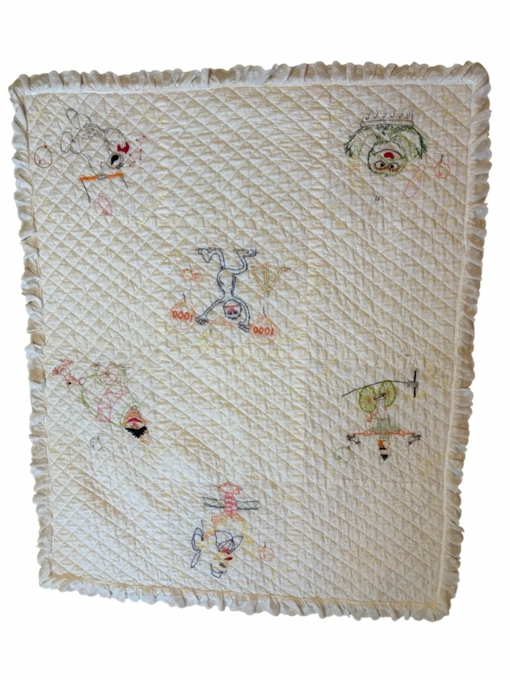 Vintage Sesame Street Embroidered Baby Blanket Cream Quilted Nursery Throw